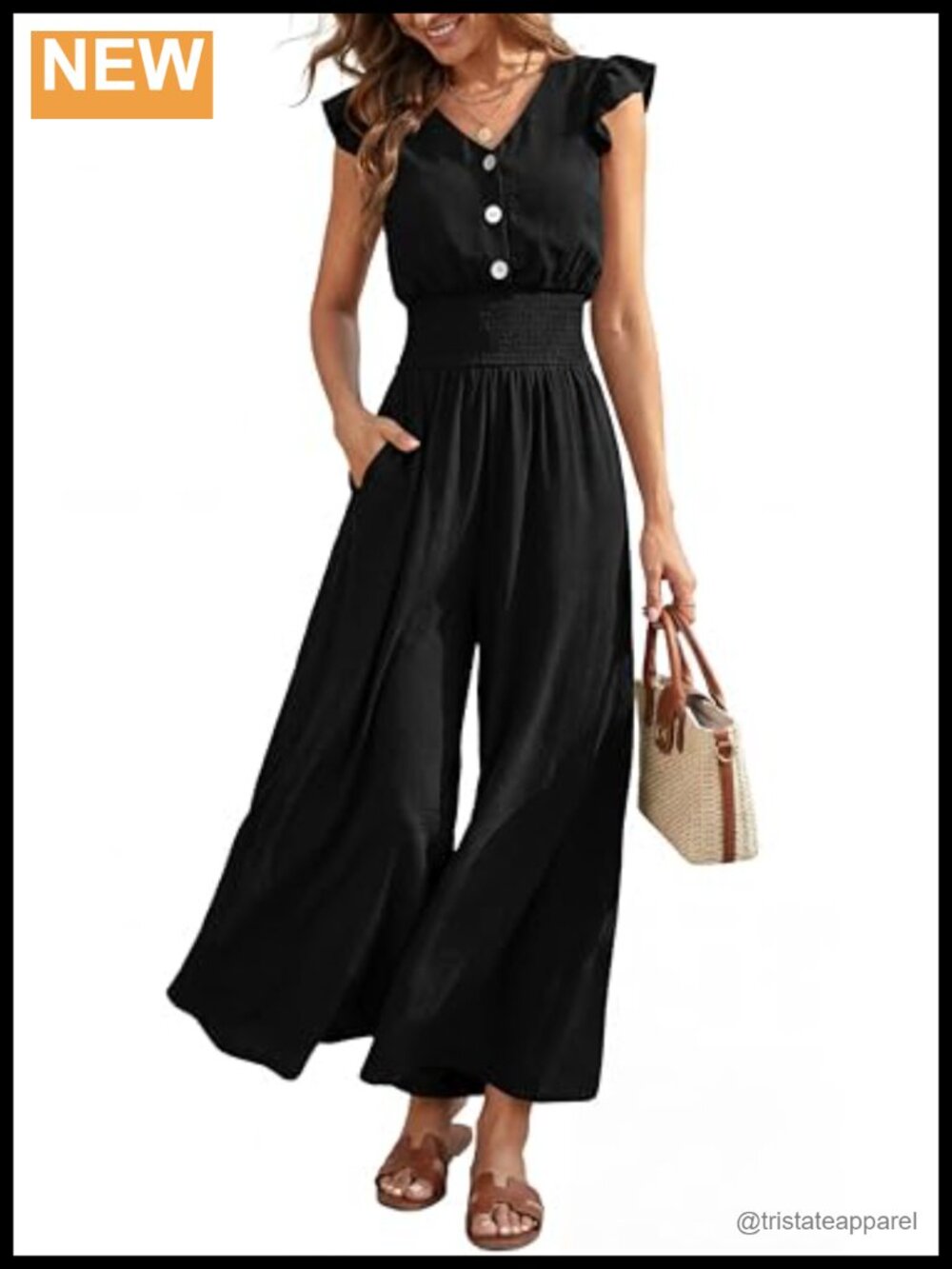 Women's Smocked Wide Leg Jumpsuit Ruffle Cap Sleeve V Neck Button Down Loose Fit